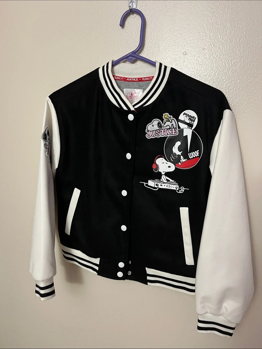 Justice Black and White Snoopy Varsity Jacket